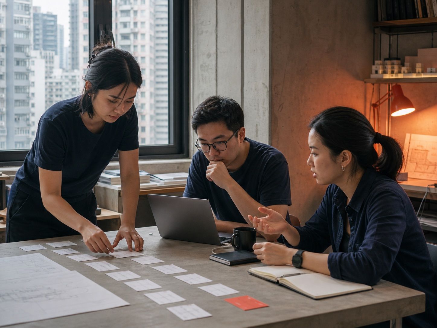 三位香港小型團隊成員圍著工作桌整理流程卡與電腦工作